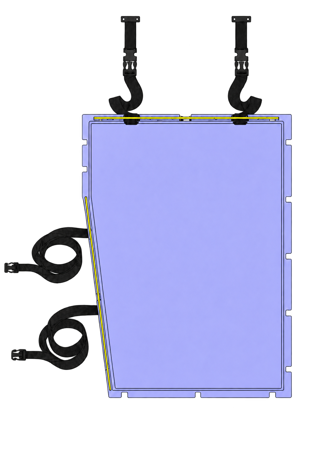 Driver 40-inch five-sided Soft Shield with short upper straps and two loose mounting-webbing curls beside the left edge